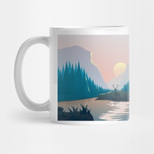 Landscape illustration with a deer, river, spruce forest and mountains at sunset Mug